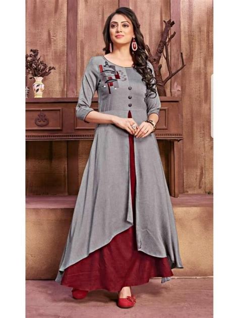 Siya Fashion Grey Beautiful Embroidered Anarkali Rayon Kurti Fancy