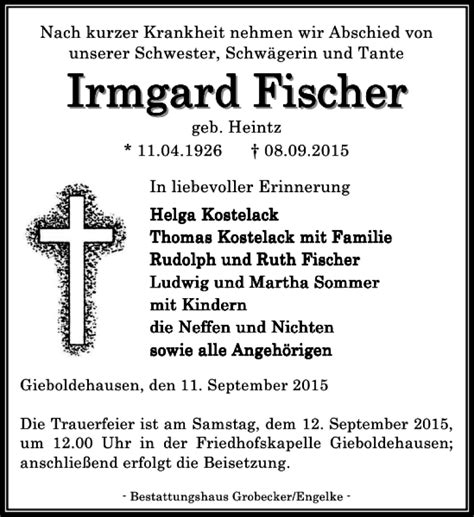 Traueranzeigen Von Irmgard Fischer Trauer Anzeigen De