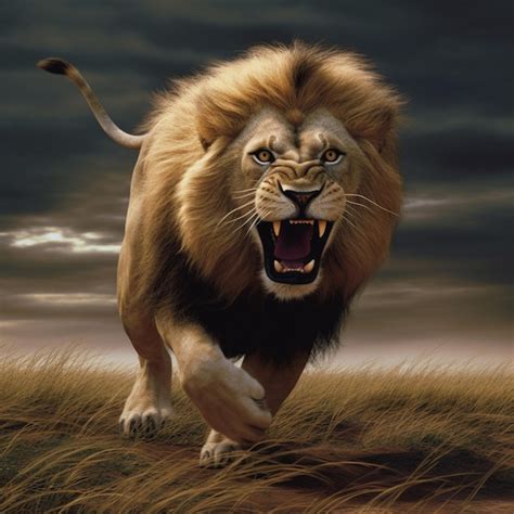 Premium Photo A Lion Running In The Grass With A Sky Background