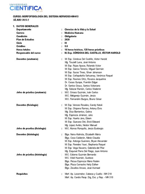 Morfofisiología Del Sistema Nervioso Sílabo 2023 2 Pdf Sistema