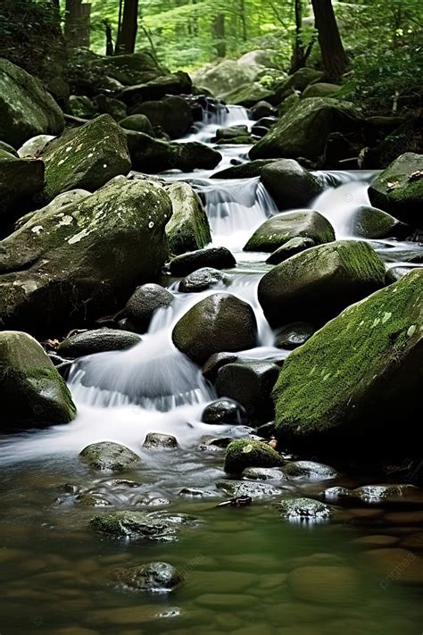 Air Mengalir Melalui Bebatuan Ke Sungai Di Hutan Latar Belakang Gambar