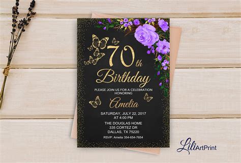 70th Birthday Invitation Floral Purple Birthday Invitation Etsy Uk