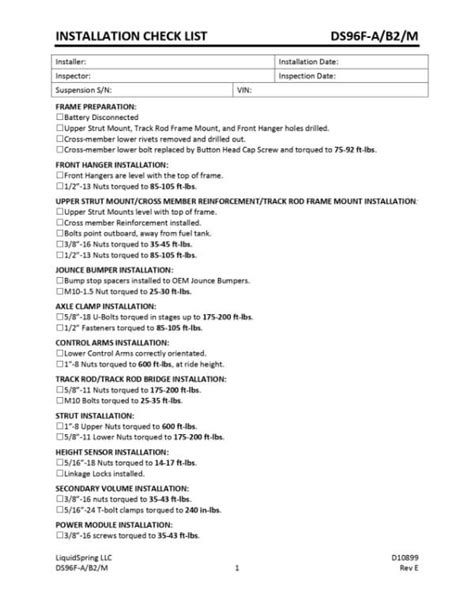 Installation Checklist Liquidspring Llc