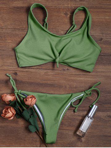 Army Green L Knotted Adjustable Straps Ribbed String Bikini Swimsuit