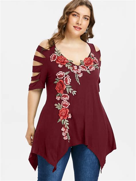 Gamiss Plus Size 5xl T Shirt Women Ladder Cut Embroidery T Shirt Summer