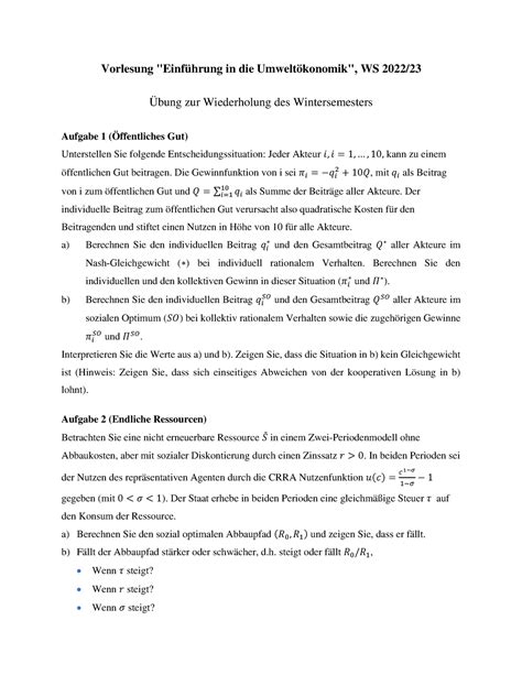 Übung Wiederholung WS Vorlesung Einführung in Umweltökonomik