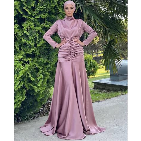 Custom Islamic Evening Dress Dubai Muslim Satin Modest Dress Long