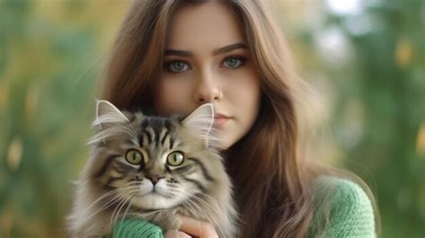 Premium Ai Image Portrait Of Young Woman Holding Cute Siberian Cat