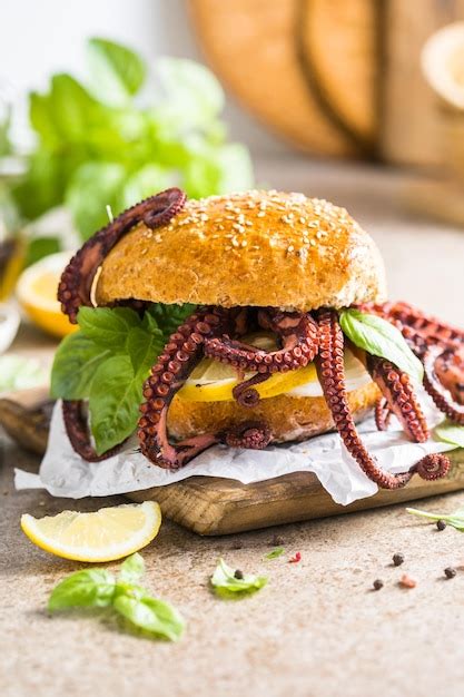 Premium Photo Big Burger With Octopus And Lemon Large Sandwich