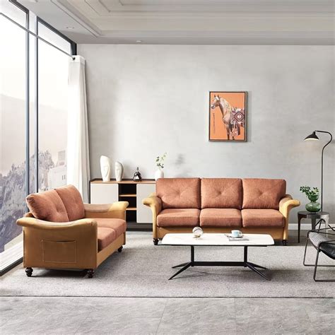 2 Piece Living Room Sofa Set, Modern Linen Fabric Faux Leather Sofa and ...