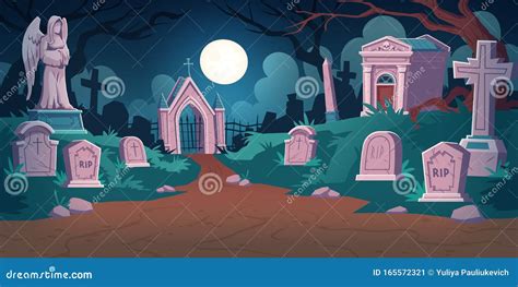 Cemetery Landscape At Night Tombstone With Rip Cartoon Vector 165572321