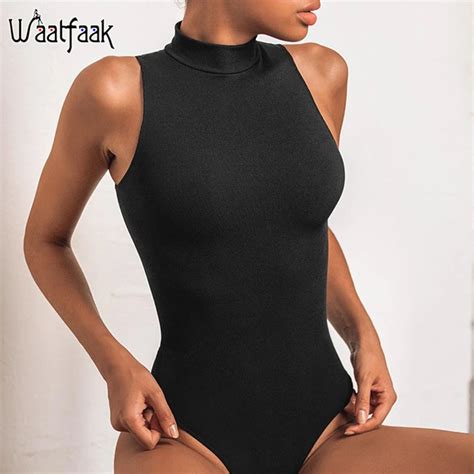 Waatfaak Sexy Sleeveless Bodysuit Bodycon Summer Women Black Bodysuits