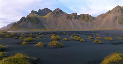 Aerial Drone View Of Vestrahorn Mountain And Black Sand Beach Sunset