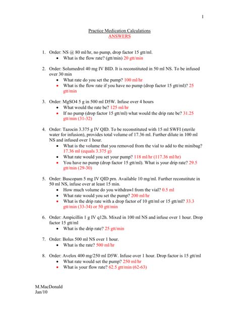 Practice Medication Calculations Answers