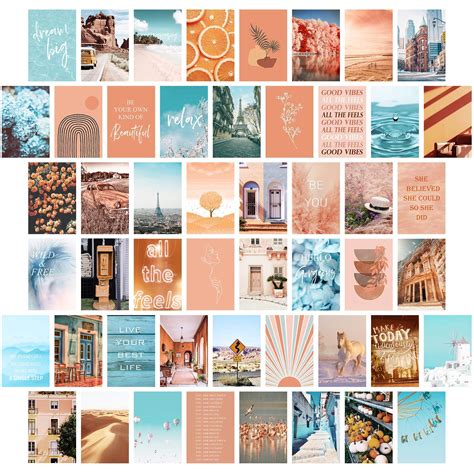 Buy Peach Teal Wall Collage Kit Aesthetic Pictures Bedroom Decor For