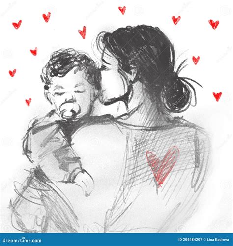 Mother And Baby On Hearts Background Pencil Hand Sketch. Mothers Day Design Stock Illustration ...