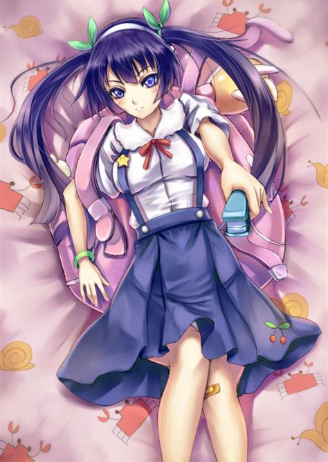 Safebooru Backpack Bag Bakemonogatari Bandaid Black Hair Blue Eyes