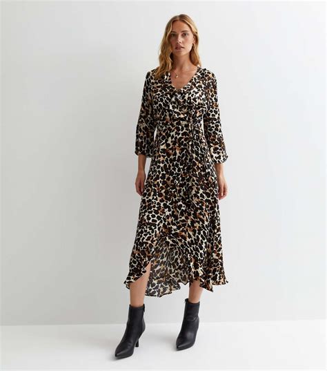 Gini London Stone Leopard Print Frill Midi Wrap Dress New Look