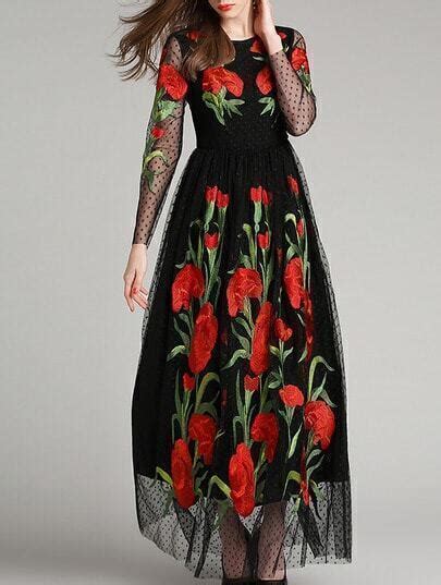 Black Round Neck Long Sleeve Embroidered Maxi Dress Shein Sheinside