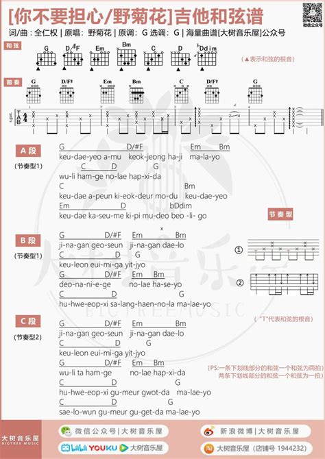 你不要担心吉他谱 野菊花 G调原版六线谱 吉他弹唱教学 酷琴谱