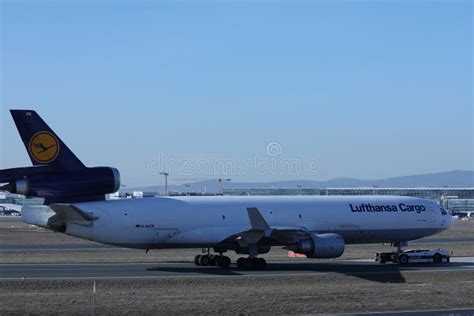 Lufthansa Cargo Plane Over Bridge Doing Taxi In Frankfurt Airport Fra