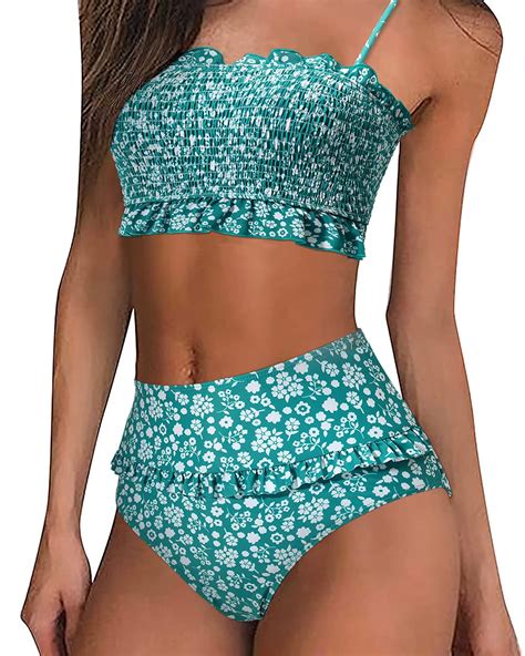 Buy MOOSLOVER Women S Shirred Bandeau Bikini Top High Waisted Bottom 2