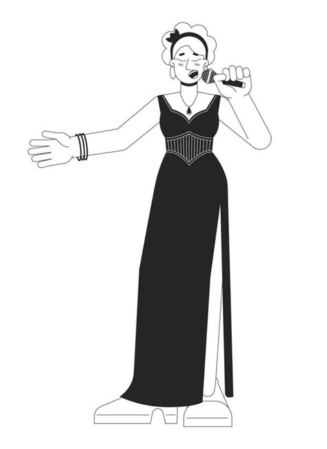 Jazz Singer With Microphone Black And White Cartoon Flat Illustration