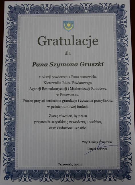 Gratulacje Dla Kierownika Biura Powiatowego Arimr Twoje Miasto Przeworsk