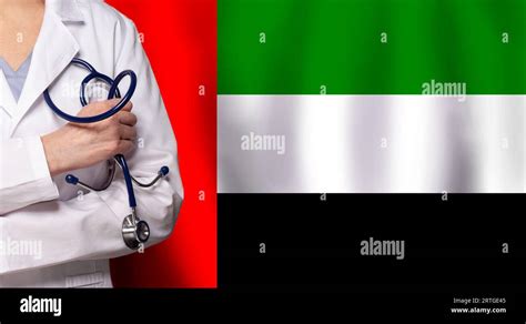 Uae Medicine And Healthcare Concept Doctor Close Up Against Flag Of