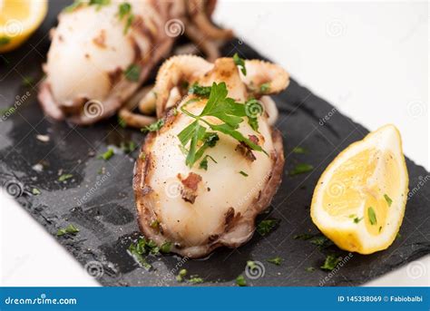 Delicious BBQ Cuttle Fish On A Stone Dish Stock Image Image Of Cooked