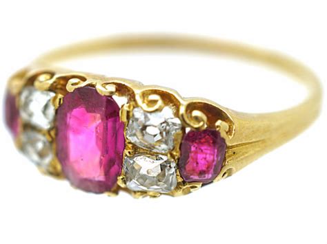 Victorian 18ct Gold Three Stone Ruby Diamond Ring 285N The