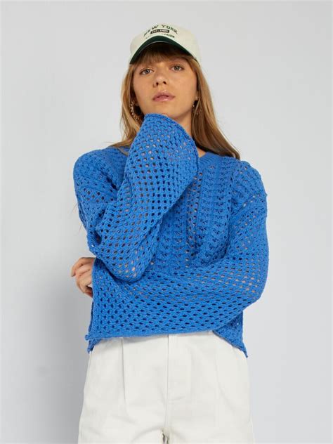 Pull En Maille Crochet Manches Larges Bleu Kiabi