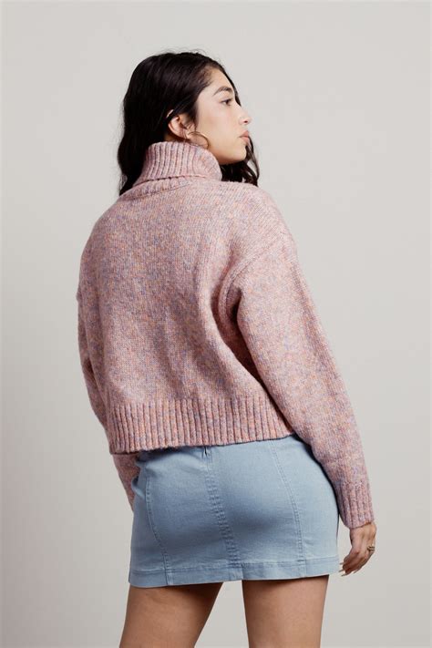 Extra Passion Marbled Cable Knit Turtleneck Crop Sweater In Pink Multi