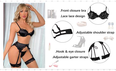Aphrotiny Lingerie sexy en dentelle pour femme avec porte jarretelles exotiques 4 pièces soutien