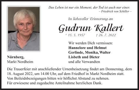 Traueranzeigen Von Gudrun Kallert Trauer Flz De