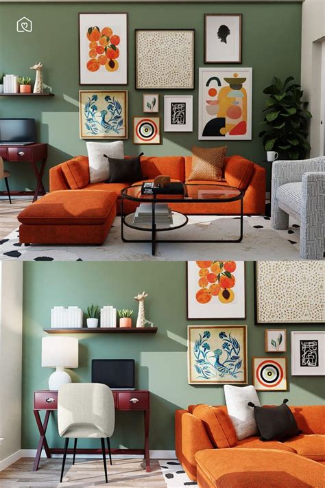 An Orange Couch In Front Of A Green Wall With Pictures On The Walls