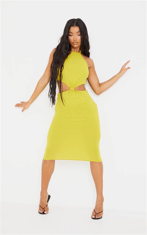 Chartreuse Ribbed Knot Halterneck Midi Dress Prettylittlething