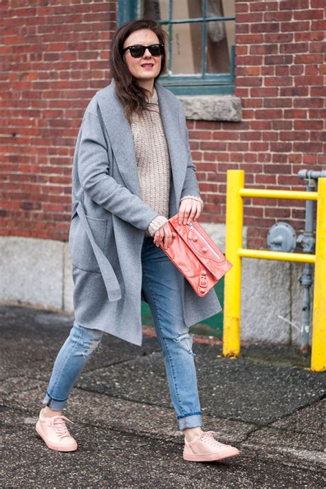 Pretty Pastels Wearing Pink Sneakers With A Grey Coat Minimal Is Chic