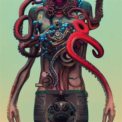 Lofi Biopunk Full Body Portrait With A Giant Octopus Stable Diffusion