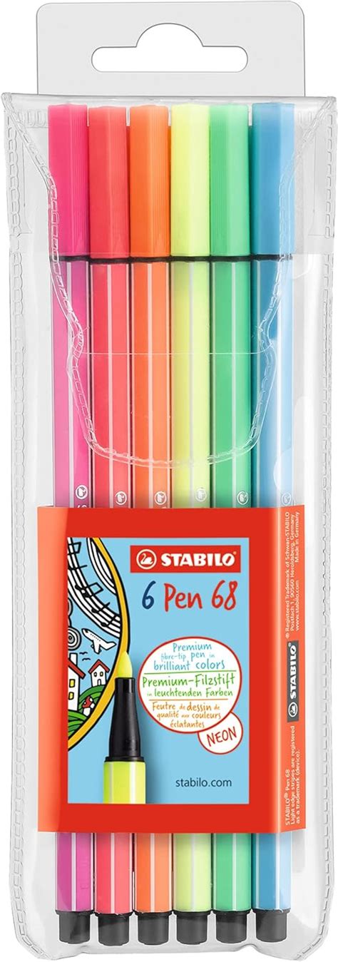 Stabilo Pen 68 Coloring Felt Tip Marker Pen 1 Mm 6 Color Neon Wallet