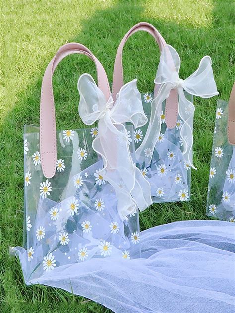 1pc 8 7 21inch Portable PVC Gift Bag With Ribbon Clear Daisy Print G