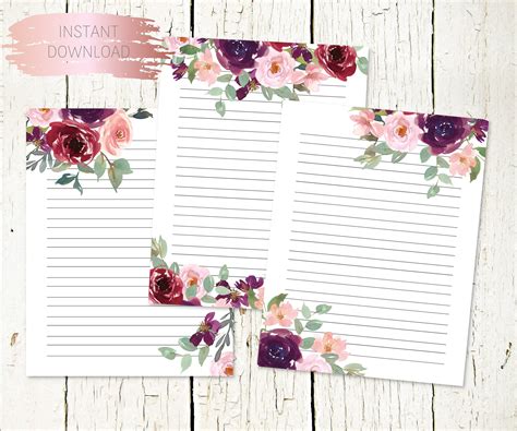 Printable Floral Stationery Paper Digital Watercolor Paper Etsy