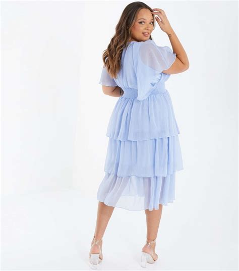 Quiz Curves Pale Blue Glitter Chiffon Tiered Midi Dress New Look