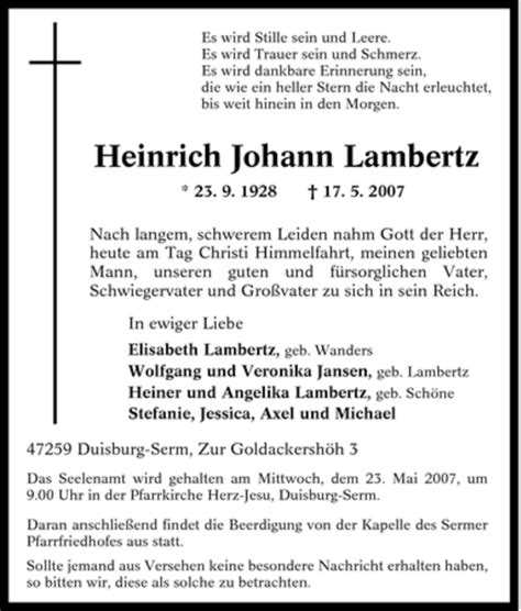 Trauer Und Todesanzeigen Von Heinrich Johann Lambertz Trauer De