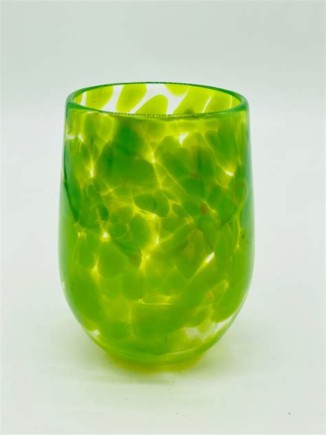 Hand Blown Glass Lime Green Stemless Wine Glass Etsy