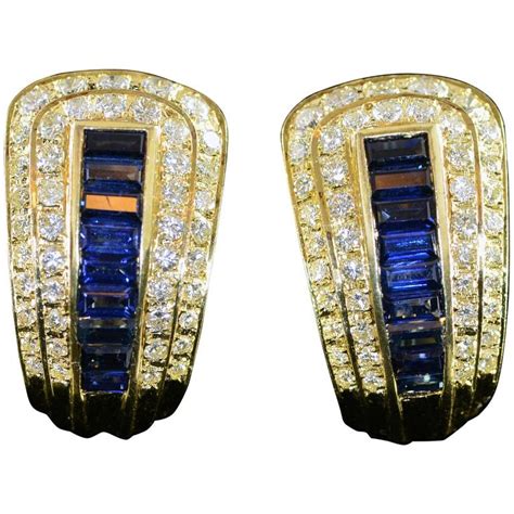 French Sapphire Diamond Gold Statement Clip Earrings For Sale at 1stDibs