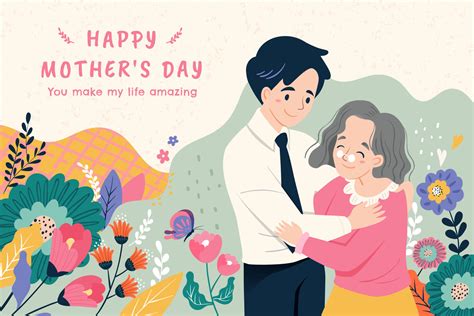 Mother S Day Illustration In Warm Hand Drawn Style Adult Son Is Taking