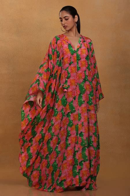 Buy Pink Crepe Printed Savannah V Neck Kaftan For Women By Masaba