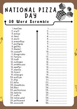 National Pizza Day Word Scramble Puzzle Worksheet Activities Brain Games