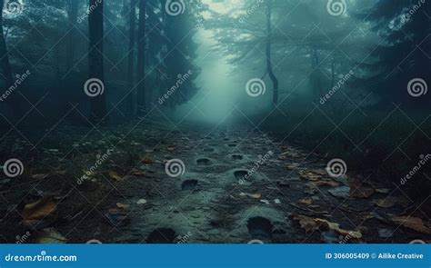 Foggy Path Through A Dark Eerie Forest Stock Illustration